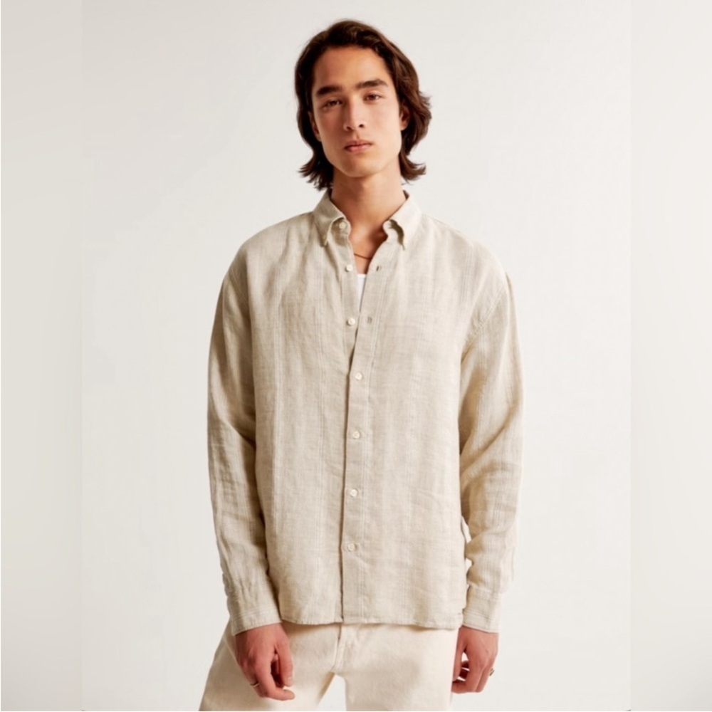 New Abercrombie & Fitch Summer Linen Blend Men's Long Sleeve Shirt Beige Medium